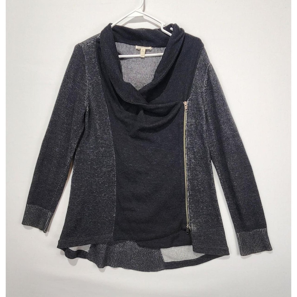 Eileen Fisher Women's M Cowl Neck Sweater Jacket Asymmetrical Zip Gray Black